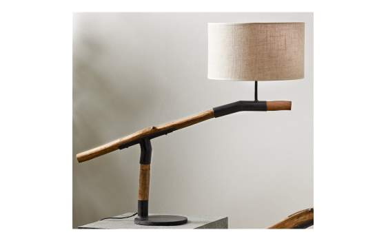 Lampara Mesa Madera Teca Acero Negro Tulipa Beige Galileo