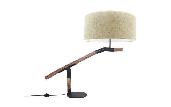 Lampara Mesa Madera Teca Acero Negro Tulipa Beige Galileo