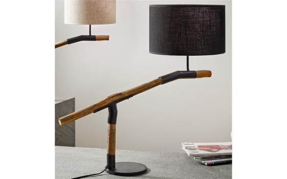 Lampara Mesa Madera Teca Acero Negro Tulipa Negra Serie Galileo