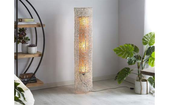 Lampara Pie Tubo Tejido Rattan Blanco y Acero Serie Kyoko