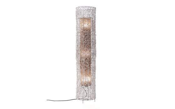 Lampara Pie Tubo Tejido Rattan Blanco y Acero Serie Kyoko