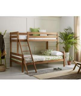 Litera doble con cama matrimonio madera maciza de pino color blanco lavado  con cajones