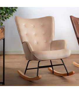 Mecedora Tapizada Terciopelo Beige con Capitonee Serie Valeria