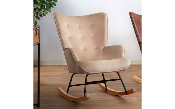 Mecedora Tapizada Terciopelo Beige con Capitonee Serie Valeria