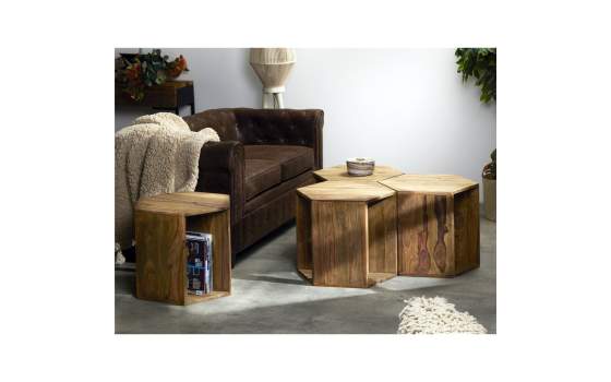 Mesa Auxiliar Hexagonal Madera Maciza Serie Avirin