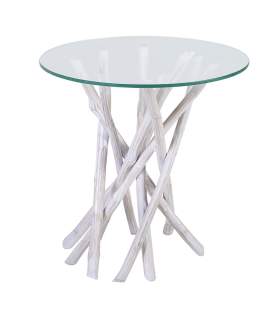 Mesa Auxiliar Redonda Cristal y Palos Blanqueados Alvade