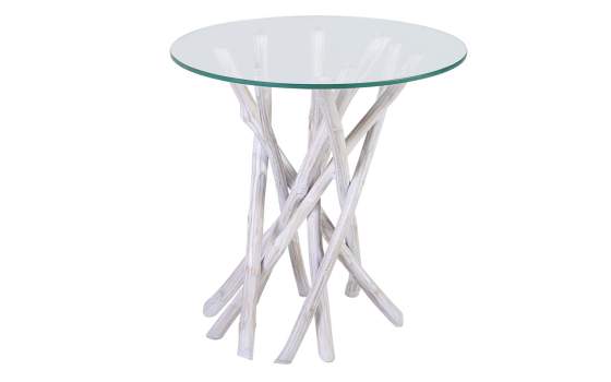 Mesa Auxiliar Redonda Cristal y Palos Blanqueados Alvade