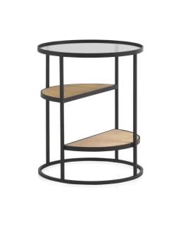 Mesa Auxiliar Redonda Forja Cristal y Madera Serie Anleby