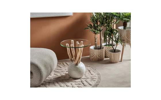 Mesa Auxiliar Rustica Moderno Cemento Madera Cristal Dolken