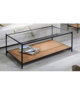 Mesa Centro Rectangular Forja Cristal y Tejido de Rattan Oksaka