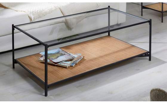 Mesa Centro Rectangular Forja Cristal y Tejido de Rattan Oksaka