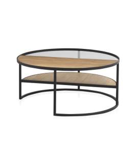 Mesa Centro Redonda Forja Cristal y Madera Serie Anleby