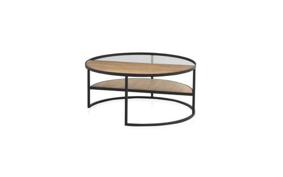 Mesa Centro Redonda Forja Cristal y Madera Serie Anleby