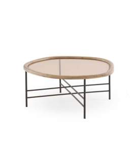 Mesa Centro Redonda Madera y Metal con Cristal - Serie Anlet