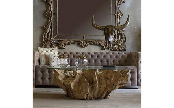 Mesa Centro Rustica Raices de Teca y Cristal Serie Aeddon