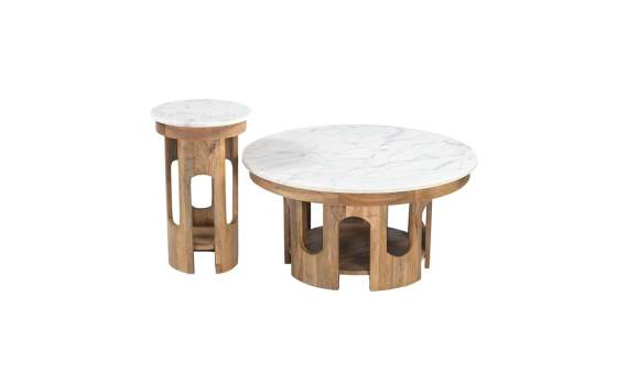 Mesa Centro Rustica Tapa Marmol Ø80 cm - Serie Albon