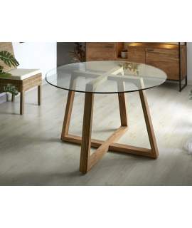 Mesa Comedor Redonda de 130 cm Madera y Cristal Carsten