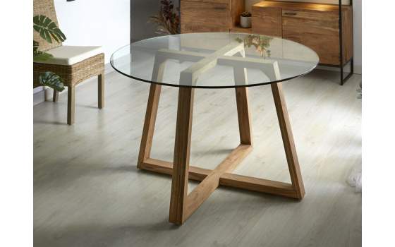 Mesa Comedor Redonda de 130 cm Madera y Cristal Carsten