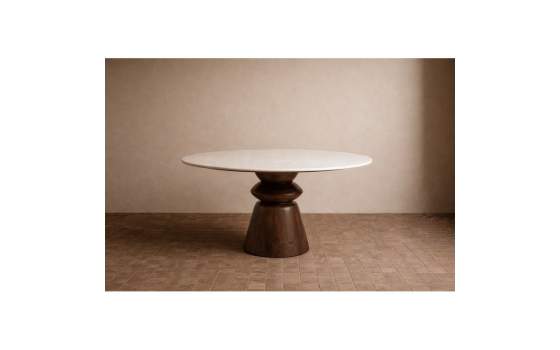 Mesa Comedor Redonda Pie Nogal y Tapa Marmol - Acheu