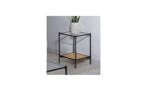 Mesa Cuadrada Auxiliar Forja Cristal y Tejido de Rattan Oksaka