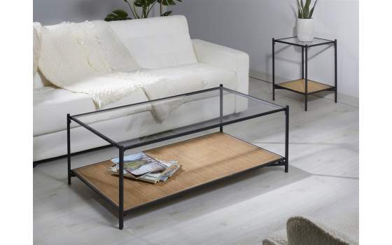 Mesa Cuadrada Auxiliar Forja Cristal y Tejido de Rattan Oksaka