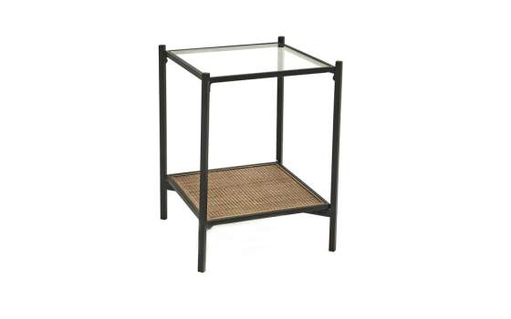 Mesa Cuadrada Auxiliar Forja Cristal y Tejido de Rattan Oksaka
