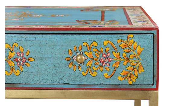 Mesa de Centro 1 Cajon Pintada a Mano Motivos Forales Boho