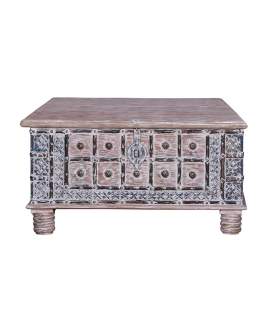 Mesa de Centro Baul India Decorada Decape Blanco Adenyas