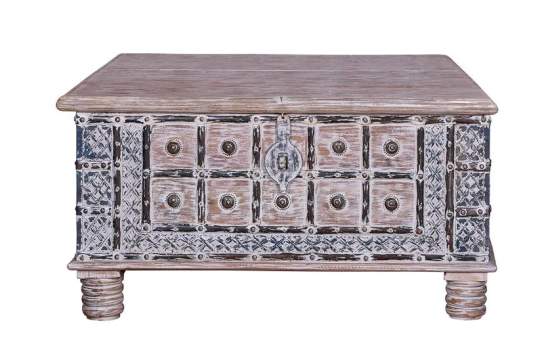 Mesa de Centro Baul India Decorada Decape Blanco Adenyas