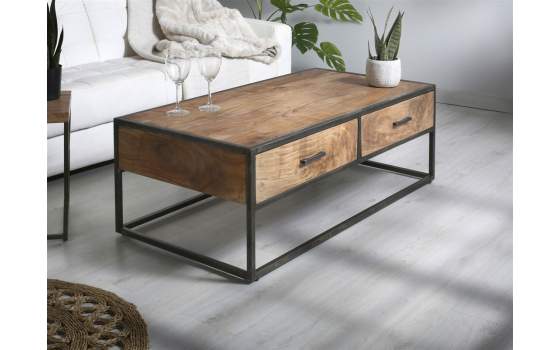 Mesa de Centro Estilo Industrial Forja Madera 2 Cajones Artama