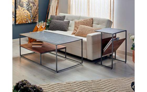 Mesa de Centro Industrial Madera Piedra y Acero Serie Estone Mesa de Centro Industrial Madera Piedra y Acero Serie Estone