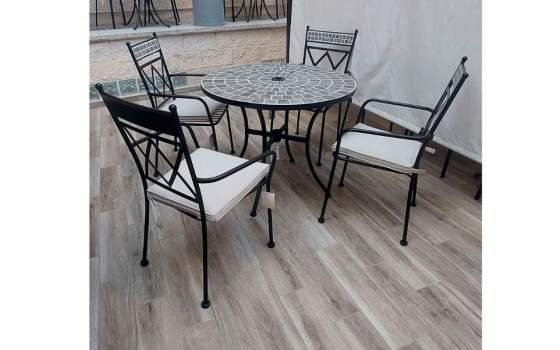 Mesa Redonda 90 cm  con Mosaico 4 Sillones Forja y Cojin Reigen