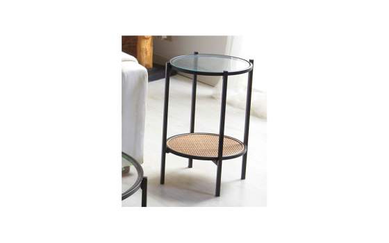 Mesa Redonda Auxiliar Forja Cristal y Tejido de Rattan Oksaka