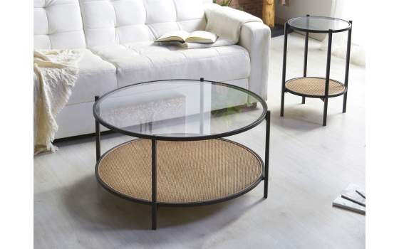 Mesa Redonda Auxiliar Forja Cristal y Tejido de Rattan Oksaka