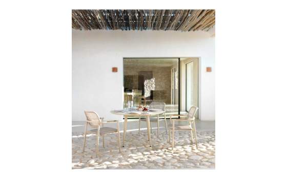 Mesa redonda exterior aluminio ceramica travertino Azpary