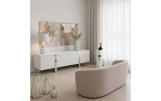 Mesa TV Salon Moderno Blanco 4 Puertas Acanaladas Aisain