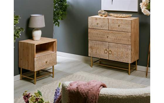 Mesita 1 Cajon Tallado Madera Natural Serie Mirjan