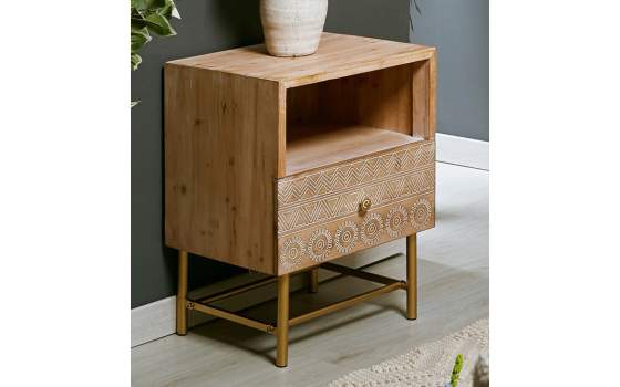 Mesita 1 Cajon Tallado Madera Natural Serie Mirjan