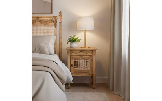 Mesita Clasica Madera Teca Tallada 1 Cajon y Puerta Amoest