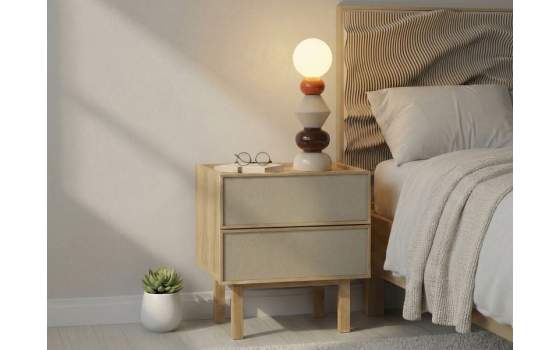 Mesita de Noche 2 Cajones Frontal Tela Roble Serie Sinclair