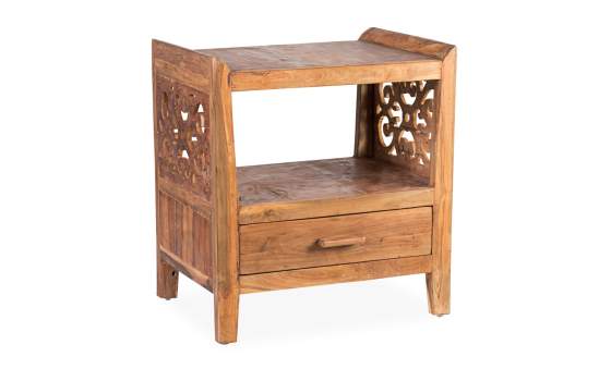 Mesita Noche 1 Cajón Tallada Madera Reciclada Oriental Recicle