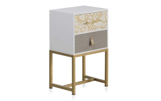 Mesita Noche 2 Cajones Blanco y Oro Moderna Gold White