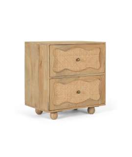 Mesita Noche 2 Cajones Rejilla Ratan y Madera Serie Bargues