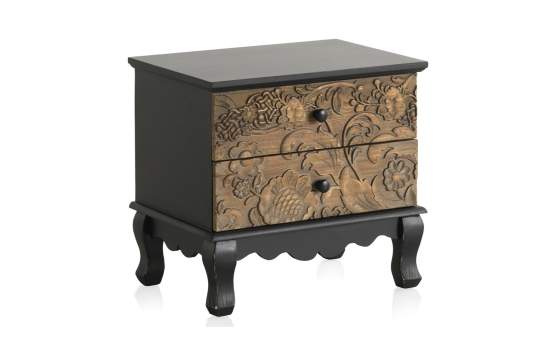 Mesita Noche 2 Cajones Tallada Rustica Serie Black