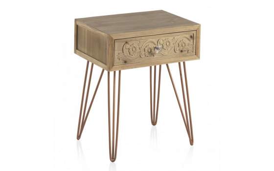 Mesita Noche Actual 1 Cajon Tallado Patas Metal Cobre Arreba
