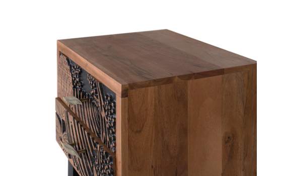 Mesita Noche Madera Acacia Tallada Fondo Negro 2 Cajones Daersin