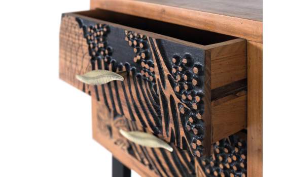 Mesita Noche Madera Acacia Tallada Fondo Negro 2 Cajones Daersin