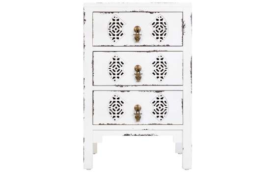 Mesita Oriental Blanca Desgastada 3 Cajones Serie Makalu