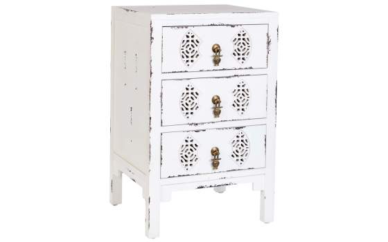 Mesita Oriental Blanca Desgastada 3 Cajones Serie Makalu