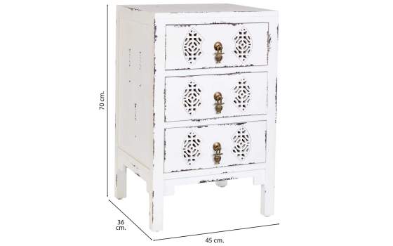 Mesita Oriental Blanca Desgastada 3 Cajones Serie Makalu